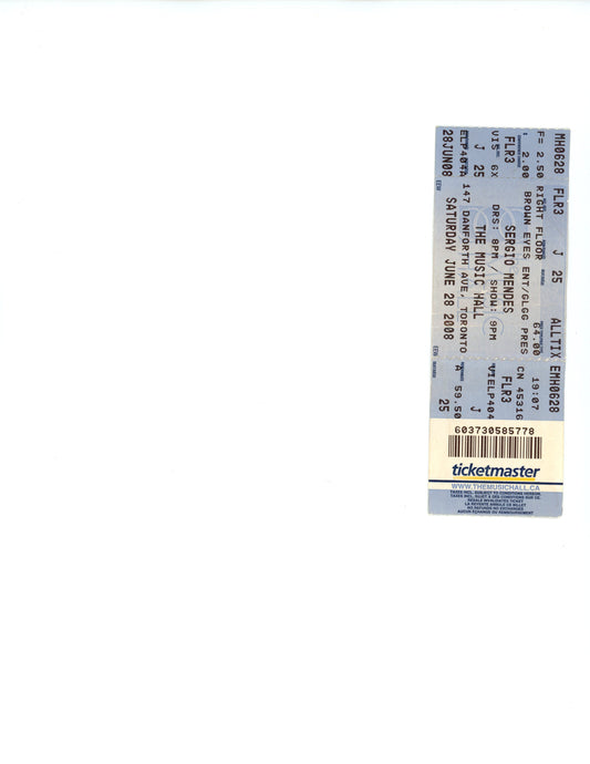 Original Sergio Mendes Vintage Concert Ticket Stub The Music Hall (Toronto, 2008)