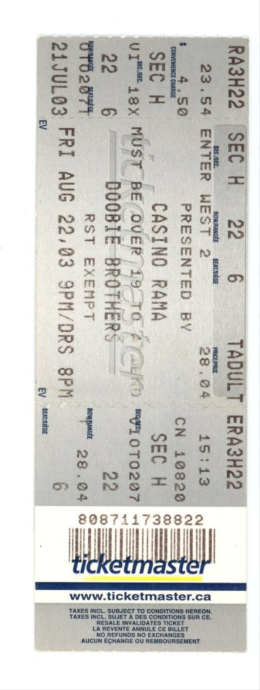 Doobie Brothers Vintage Concert Ticket Stub Casino Rama (Orillia, 2003)
