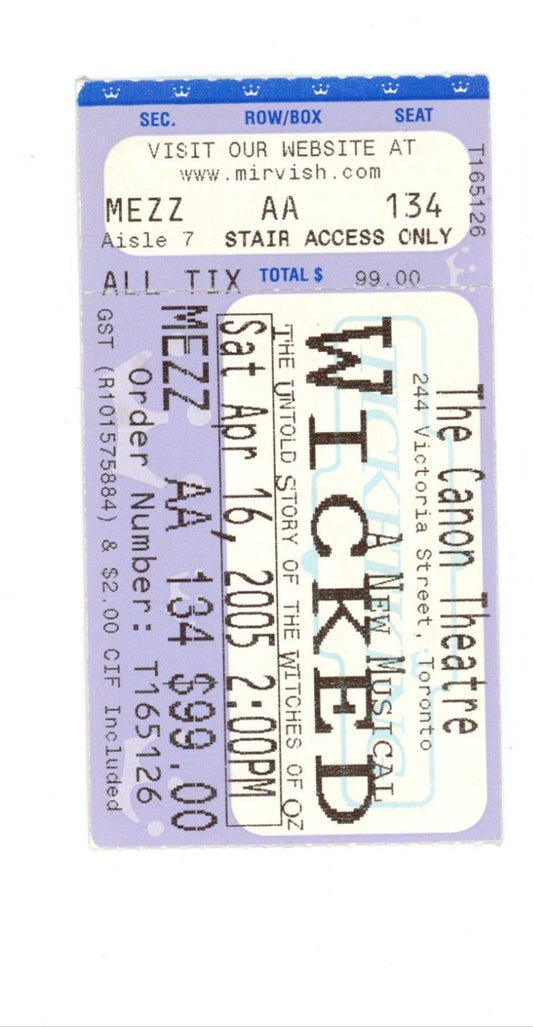 Wicked Vintage Concert Ticket Stub Canon Theatre (Toronto, 2005)