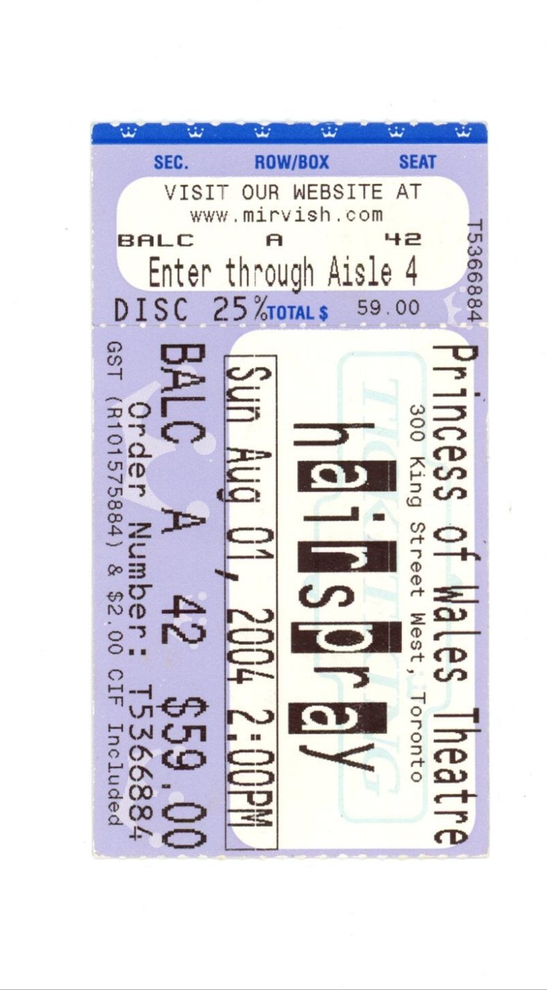 Hairspray Vintage Concert Ticket Stub Canon Theatre (Toronto, 2004)