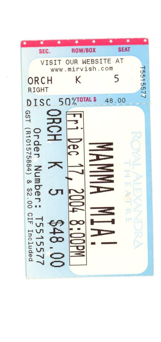 MAMA Mia Vintage Concert Ticket Stub Royal Alexandra Theatre (Toronto, 2004)