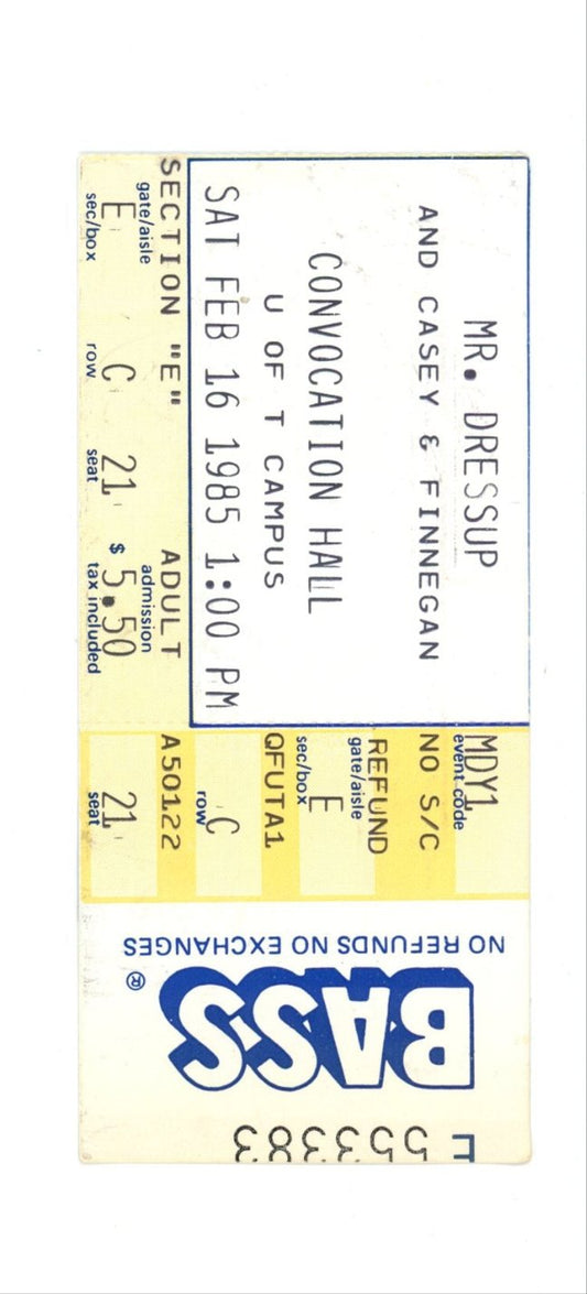 Mr Dressup Vintage Concert Ticket Stub Convocation Hall (Toronto, 1985) Very Rare