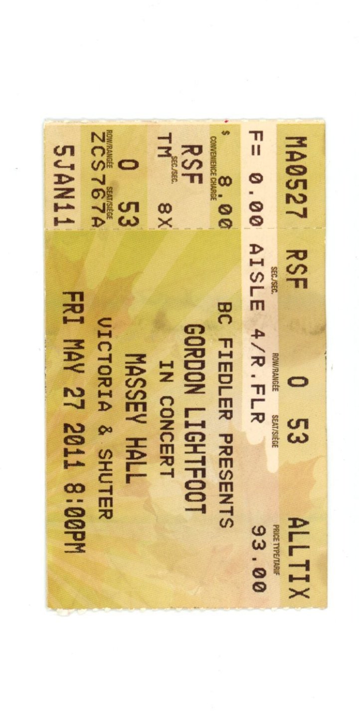 Gordon Lightfoot Vintage Concert Ticket Stub Massey Hall (Toronto, 2011)