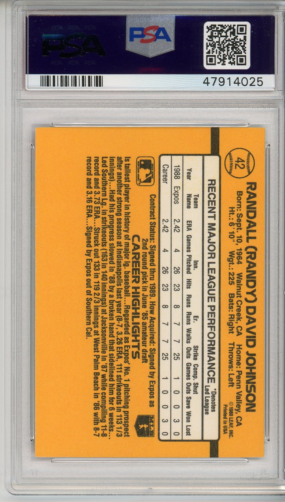 1989 Donruss Randy Johnson #42 Rated Rookie Card