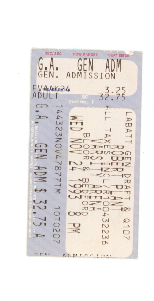 Robert Plant Vintage Concert Ticket Stub Varsity Arena (Toronto, 1993)