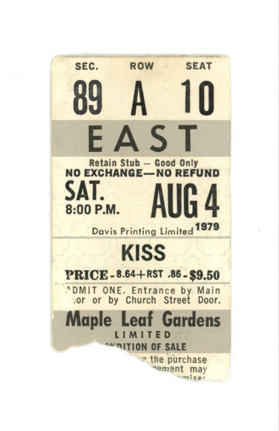 KISS Vintage Concert Ticket Stub Maple Leaf Gardens (Toronto, 1979)