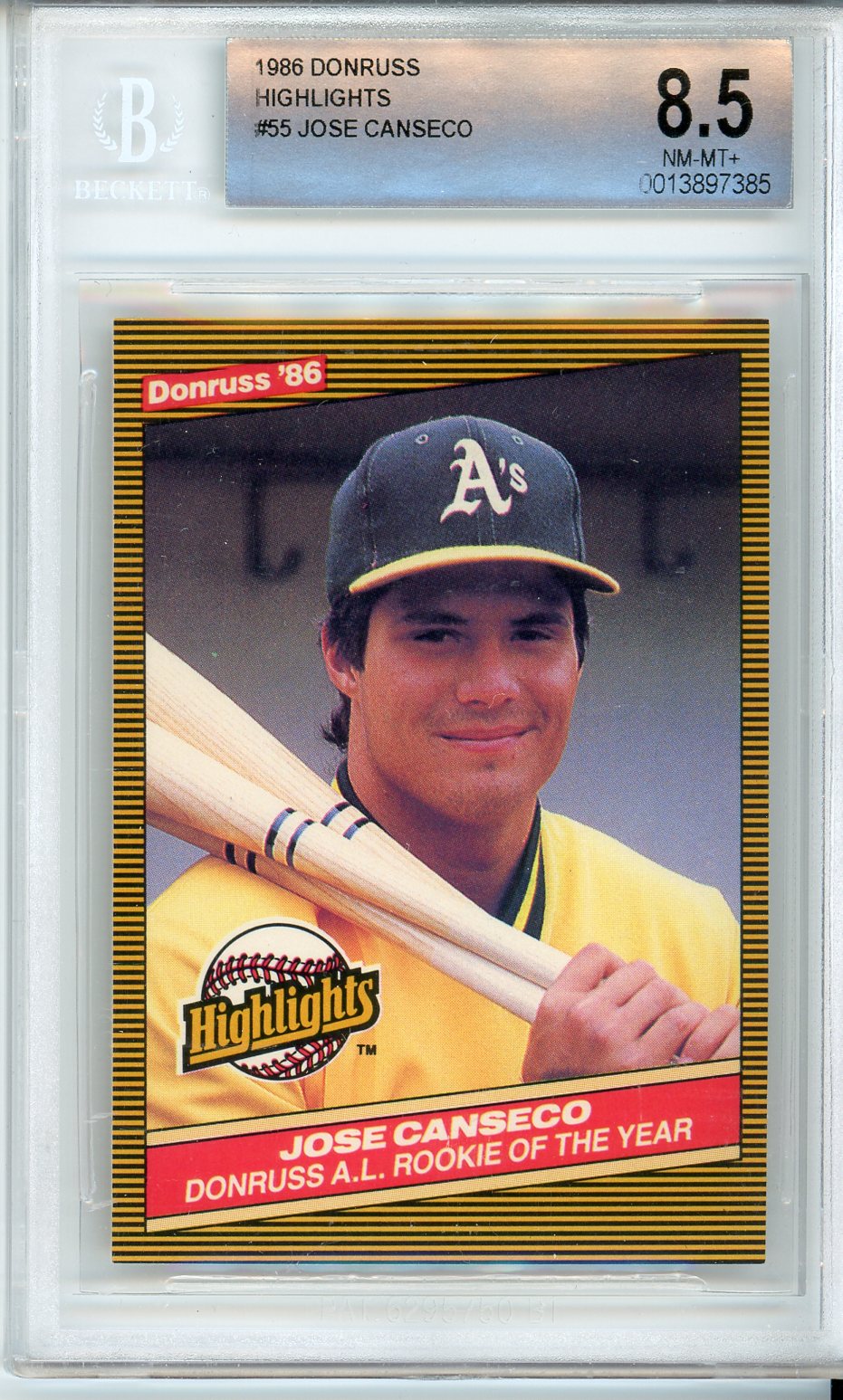 1986 Donruss Highlights #55 Jose Canseco Rookie of the Year Card