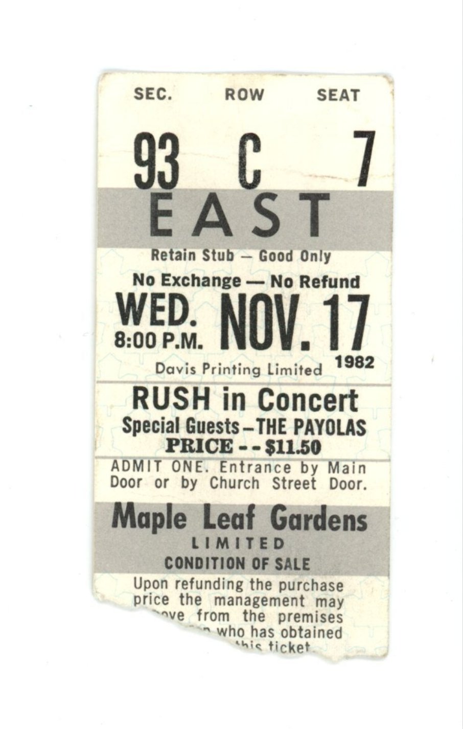 RUSH w/ The Payolas Vintage Concert Ticket Stub Maple Leaf Gardens (Toronto, 1982)