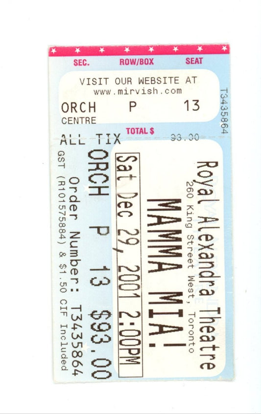 MAMA Mia Vintage Concert Ticket Stub Royal Alexandra Theatre (Toronto, 2001)