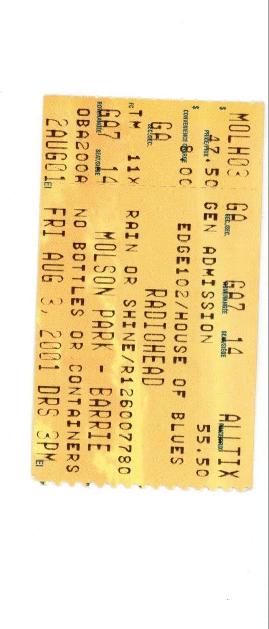 Original Radiohead Vintage Concert Ticket Stub Molson Park (Barrie, 2001)