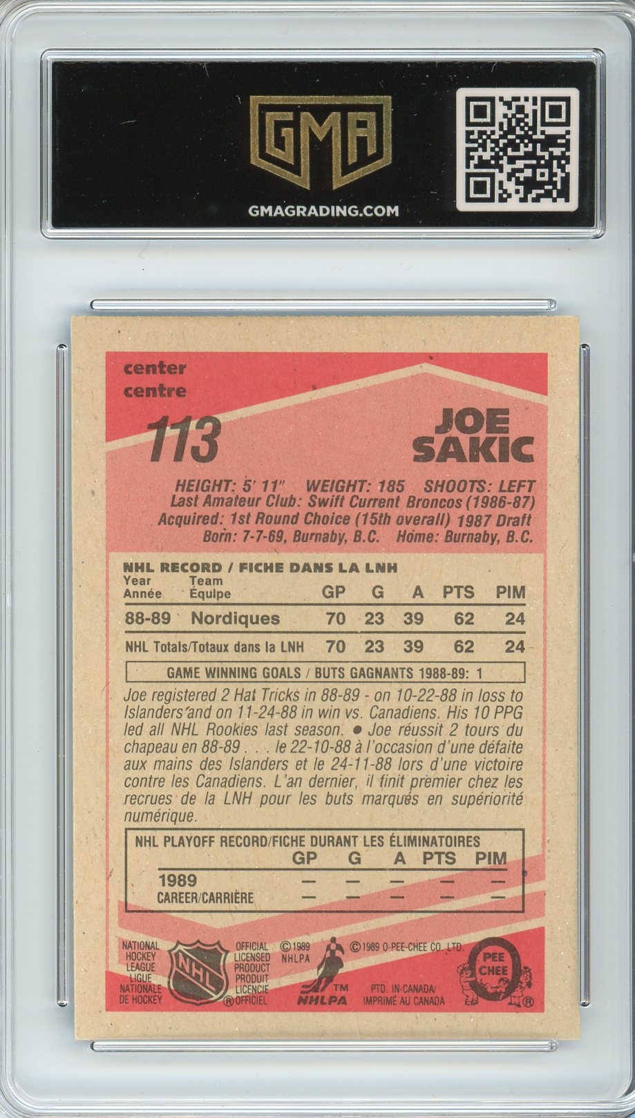 1989 OPC Joe Sakic #113 Rookie Card GMA 8
