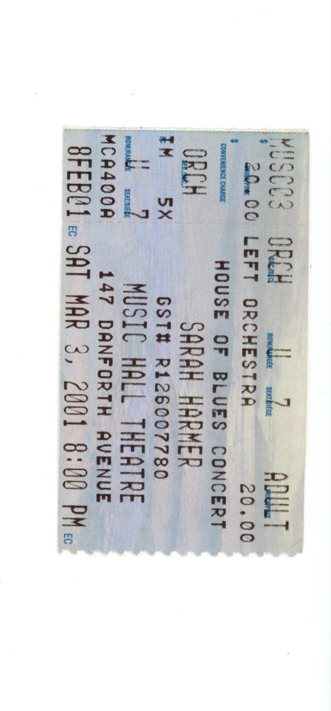 Original Sarah Harmer Vintage Concert Ticket Stub The Music Hall (Toronto, 2001)