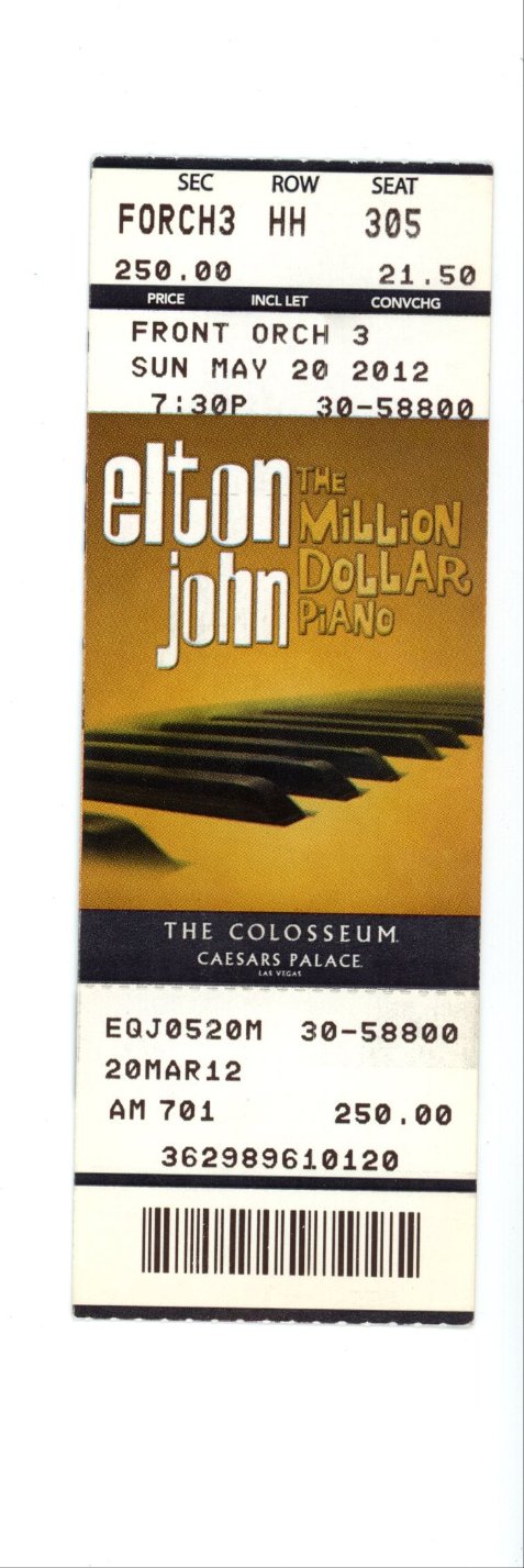 Original Elton John Vintage Concert Ticket Stub Caesars Palace (Las Vegas, 2012)