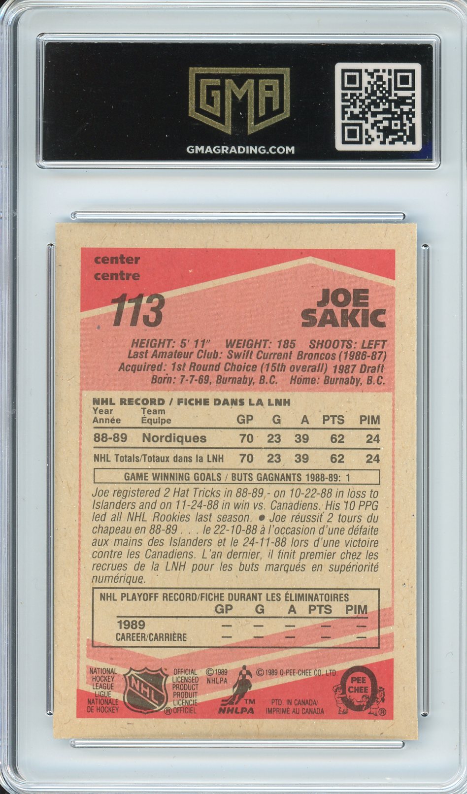 1989 OPC O-Pee-Chee Joe Sakic #113 Rookie Card GMA 8.5