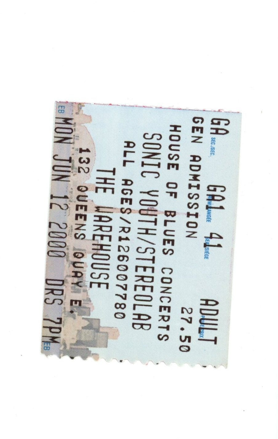 Original Sonic Youth Vintage Concert Ticket Stub The Warehouse (Toronto, 2000)