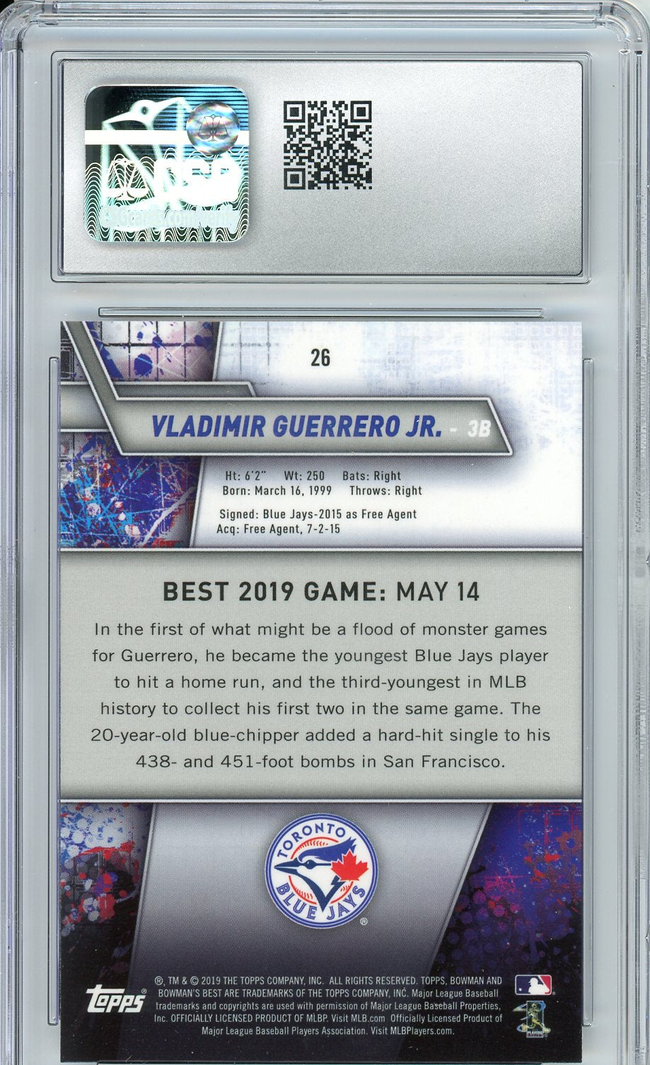 2019 Bowman's Best #26 Vladimir Guerrero Jr. Rookie Card CSG 9.5