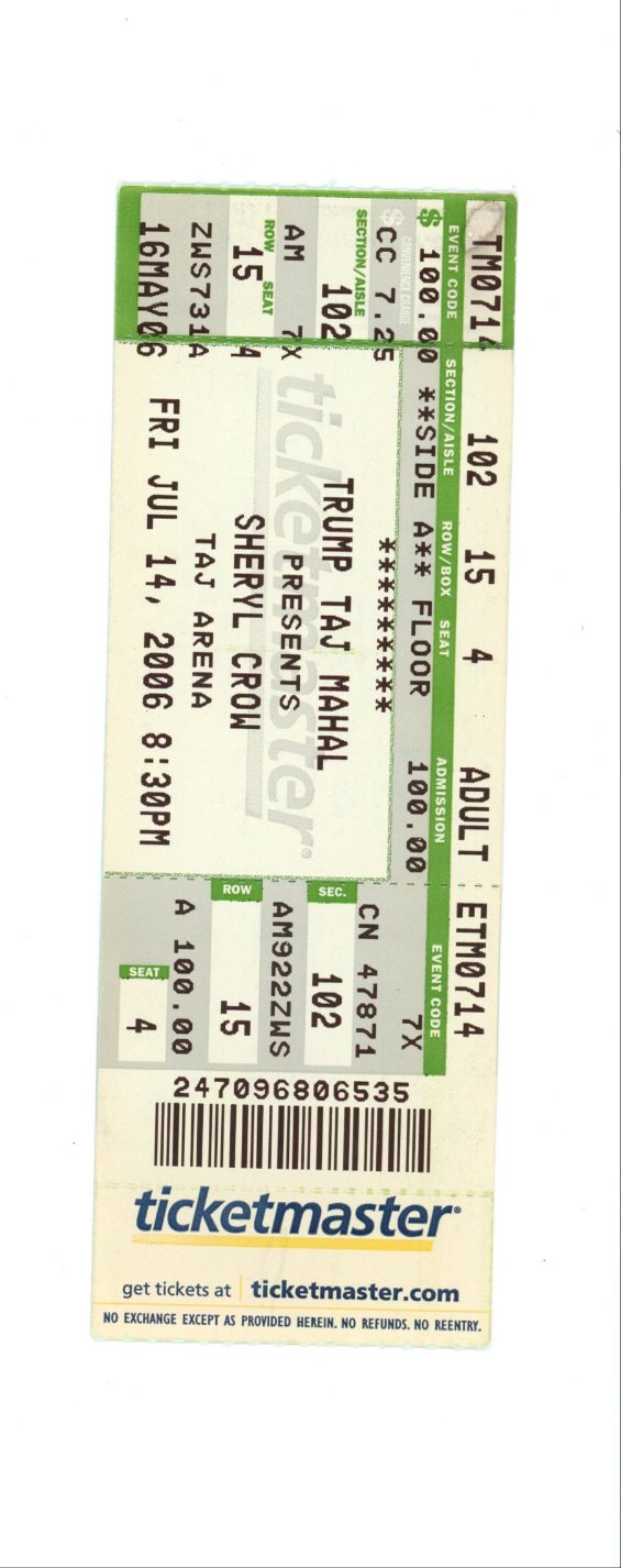 Original Sheryl Crow Vintage Concert Ticket Stub Taj Mahal (Atlantic City, 2006)