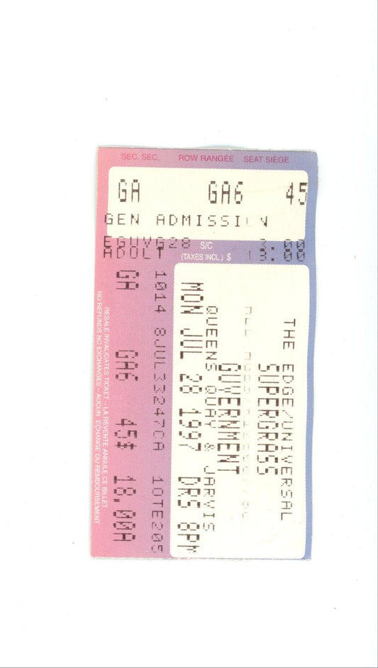 Original Supergrass Vintage Concert Ticket Stub Guvernment (Toronto, 1997)