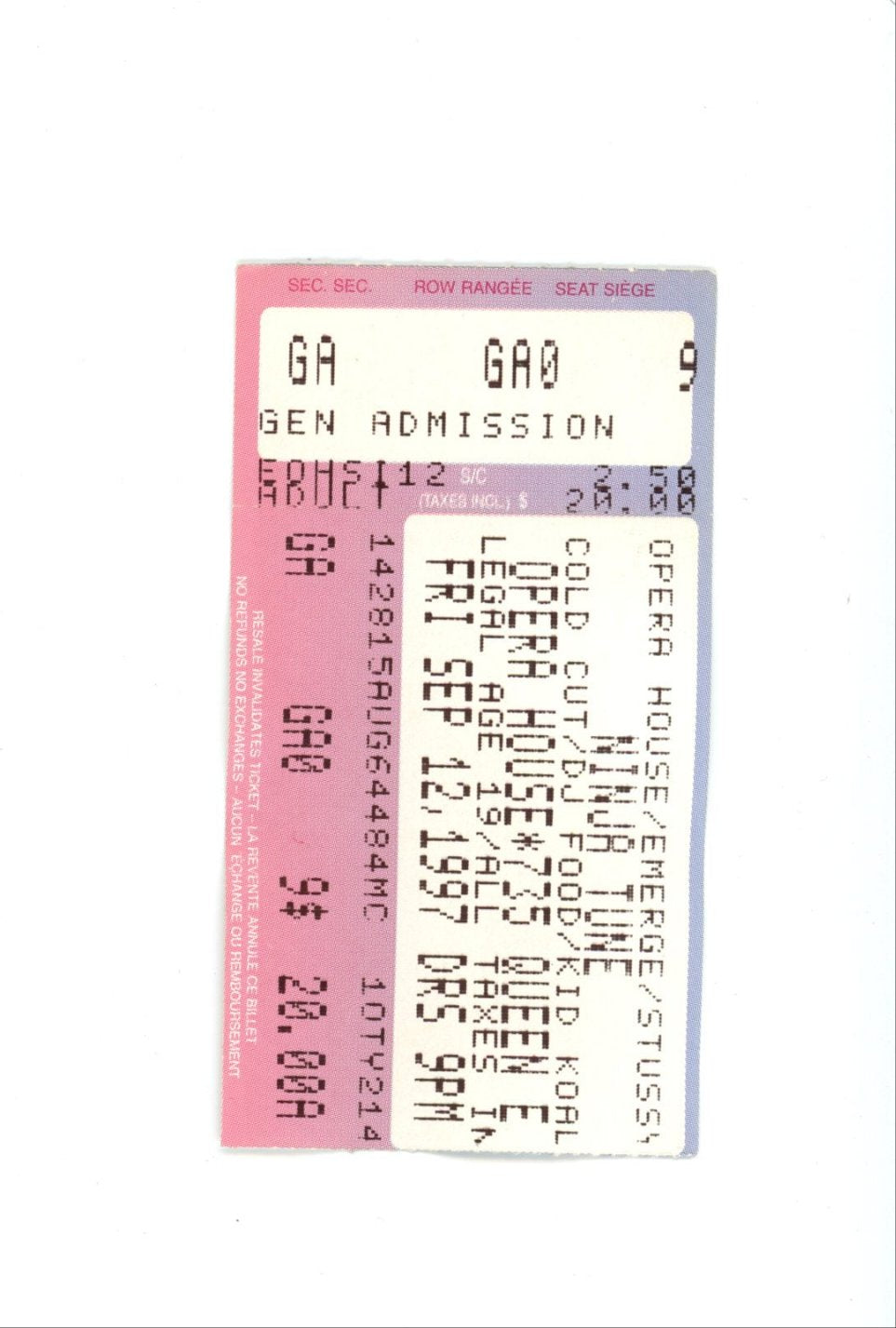 Original Ninja Tune Vintage Concert Ticket Stub Opera House (Toronto, 1997)