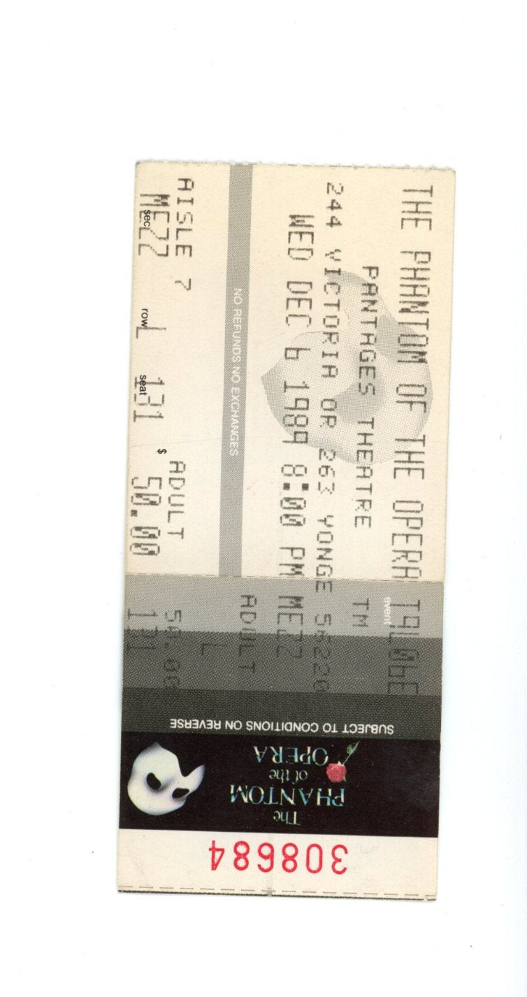 Original Phantom Of The Opera Vintage Concert Play Ticket Stub Pantages Theatre (Toronto, 1989)