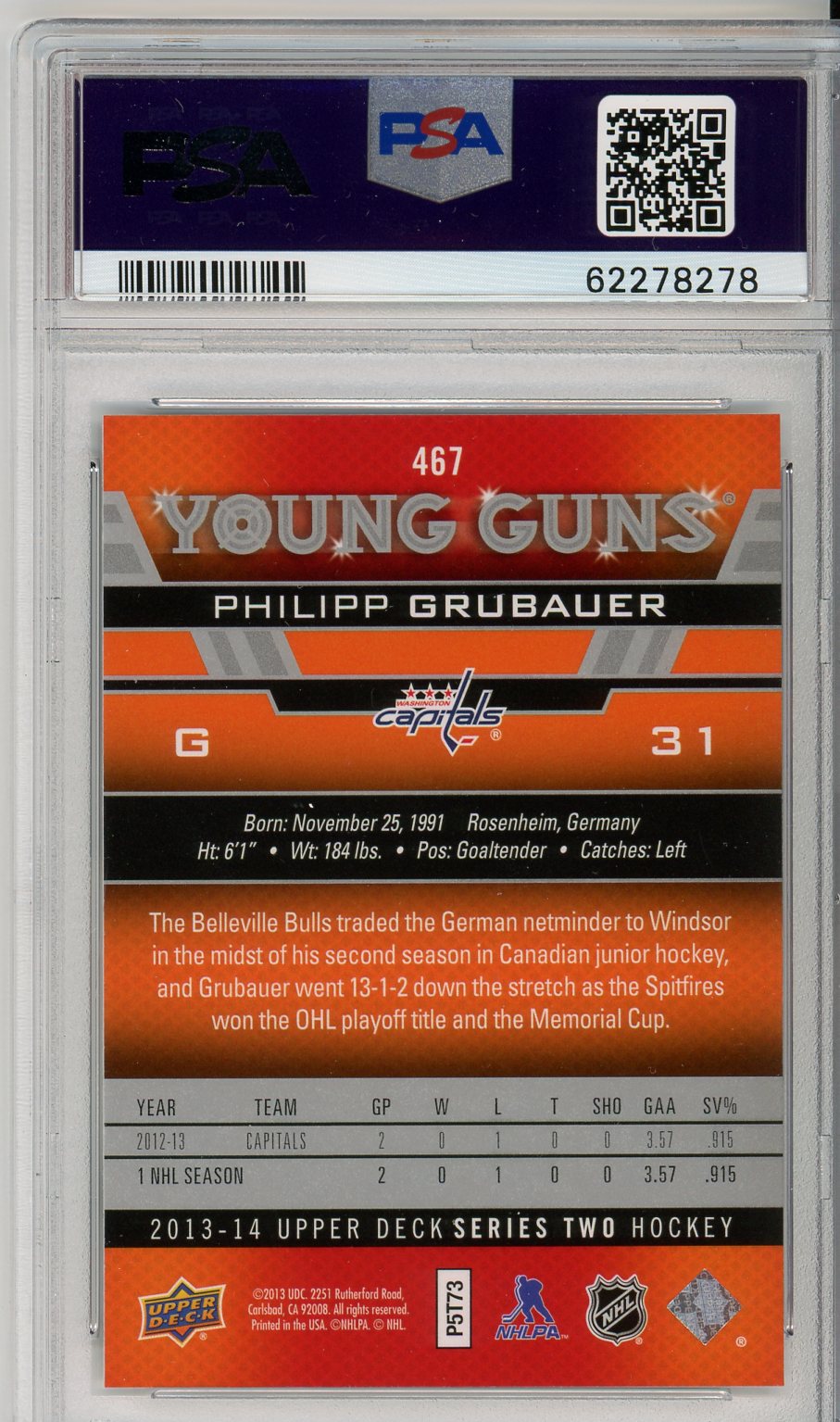 2013 Upper Deck Philipp Grubauer #467 Rookie Card