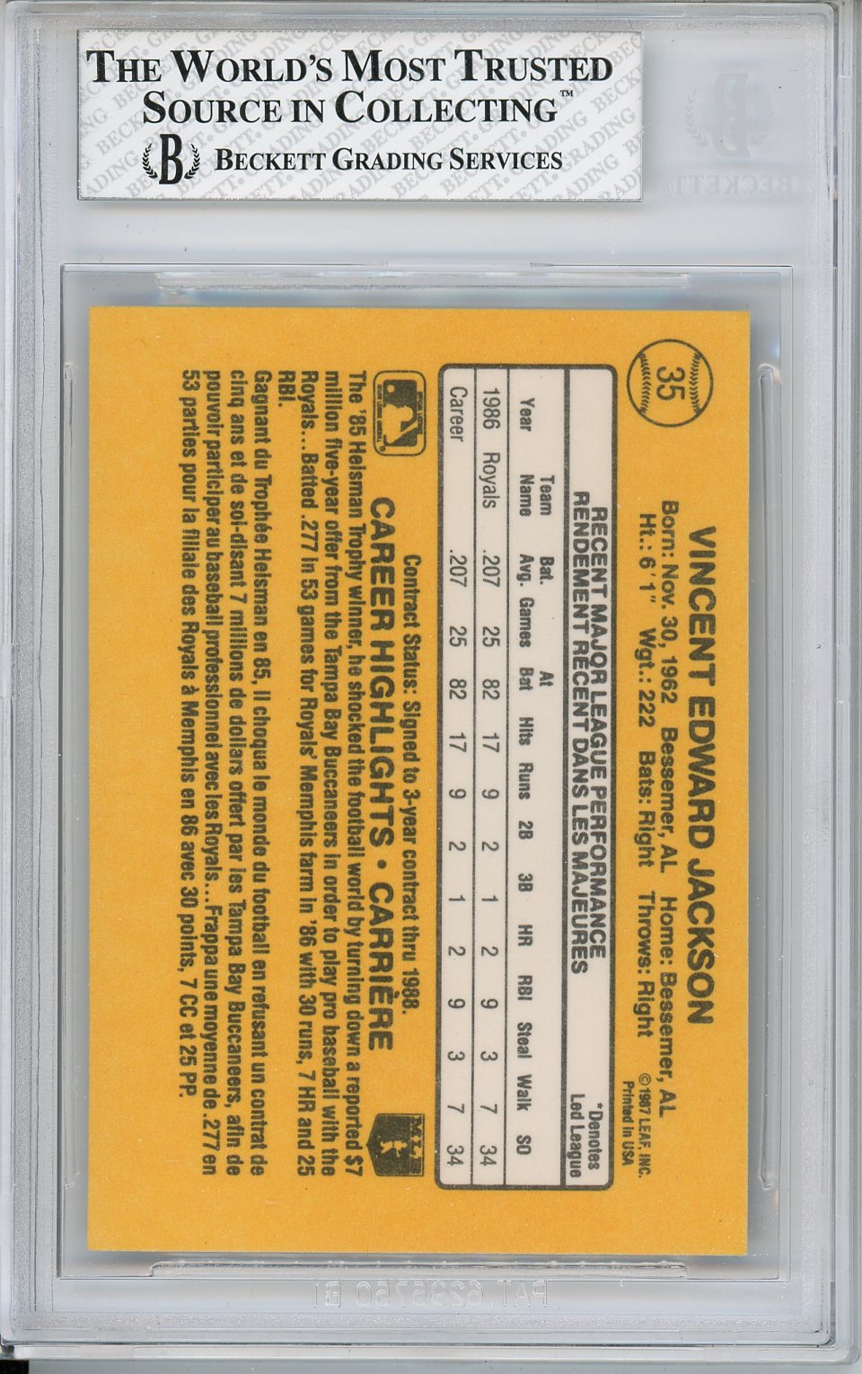 1987 Leaf/Donruss #35 Bo Jackson Rookie Card BGS 7.5