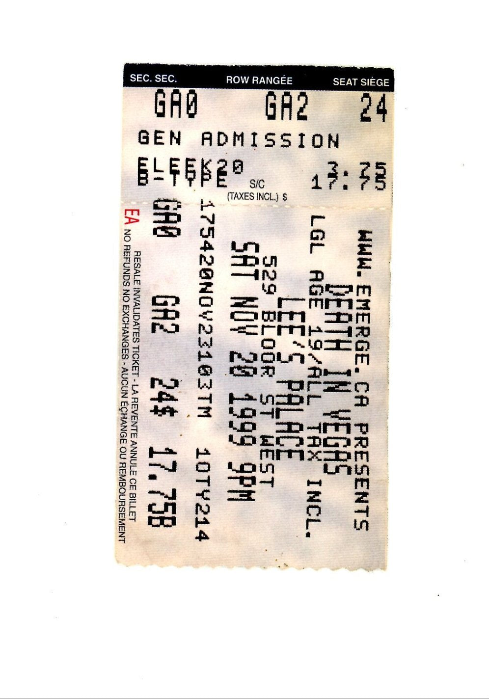 Original Death In Vegas Vintage Concert Ticket Stub Lee's Palace (Toronto, 1999)