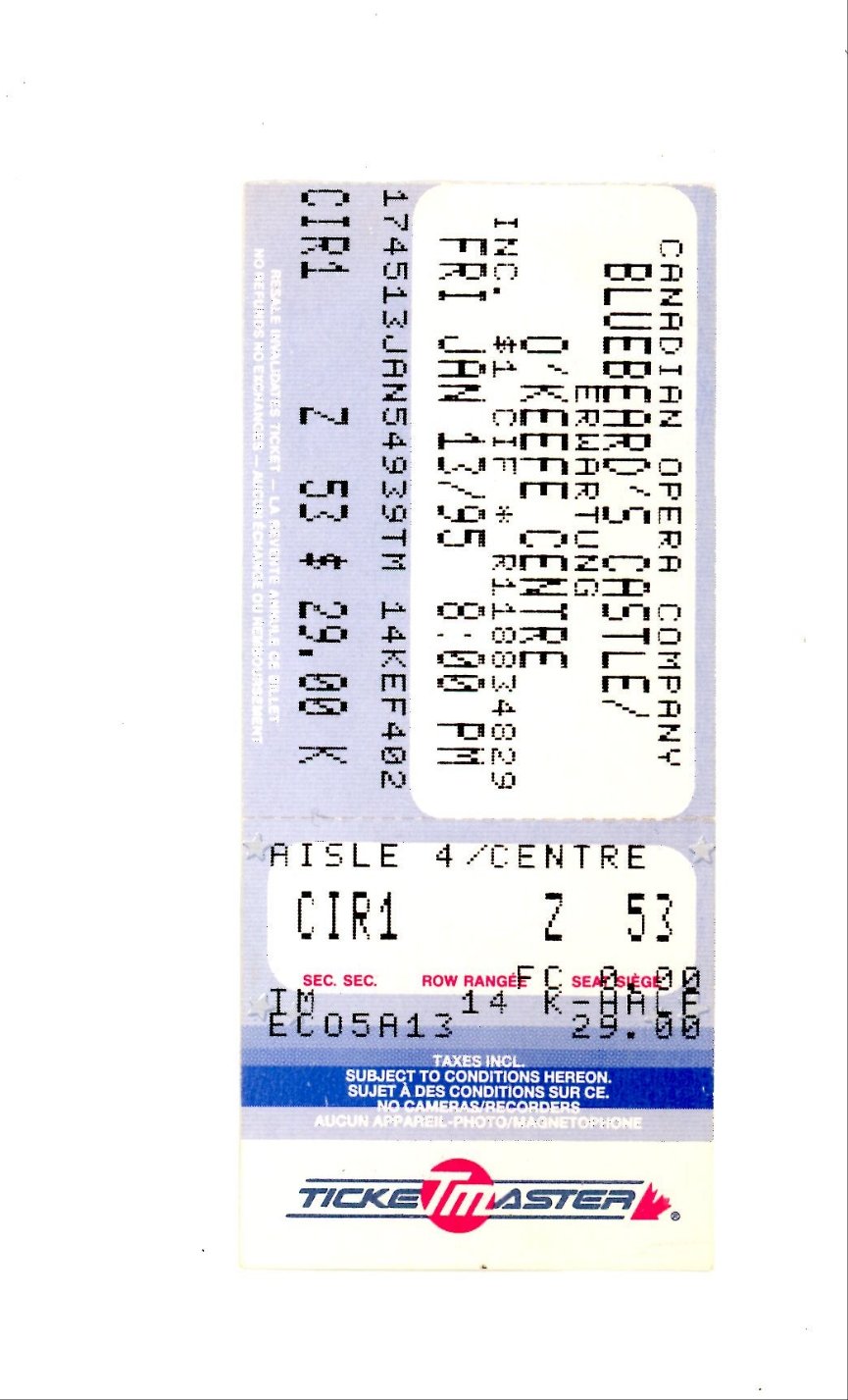 Original Bluebeard's Castle Vintage Concert Ticket O'Keefe Centre (Toronto, 1995)