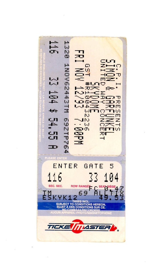 Original Paul Simon & Garfunkel Vintage Concert Ticket Skydome (Toronto, 1993)