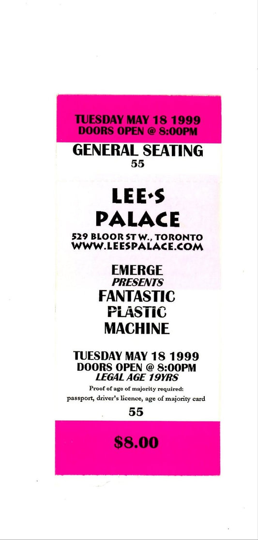 Original Fantastic Plastic Machine Vintage Concert Ticket Lee's Palace (Toronto, 1999)