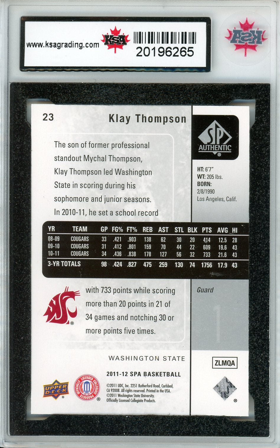 2011-12 SP Authentic #23 Klay Thompson Basketball Rookie Card KSA 8