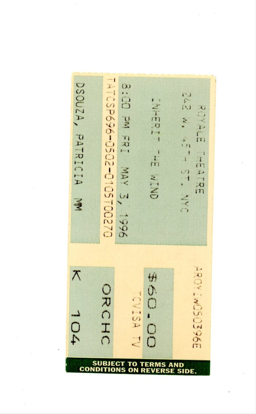 Original Inherit The Wind Vintage Concert Ticket Stub Royale Theatre (New York, 1996)