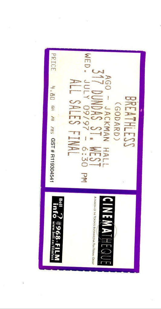 Original Breathless Vintage Ticket Stub AGO Jackman Hall (Toronto, 1997)