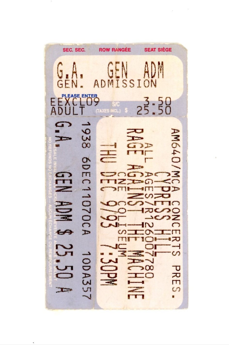 Original Cypress Hill Rage Against The Machine Vintage Concert Ticket Stub CNE Coliseum (Toronto, 1994)