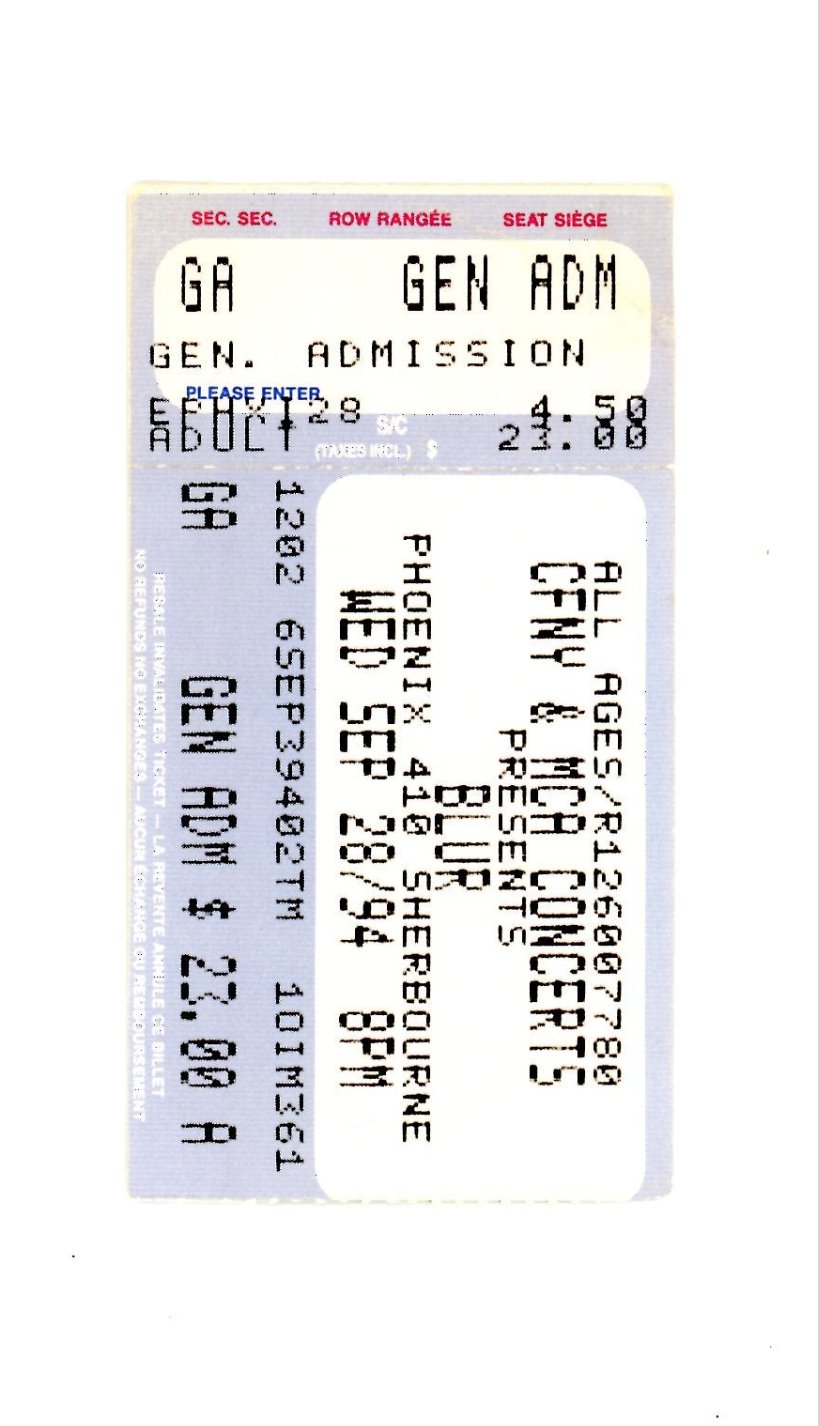 Original BLUR Vintage Concert Ticket Stub Phoenix (Toronto, 1994)