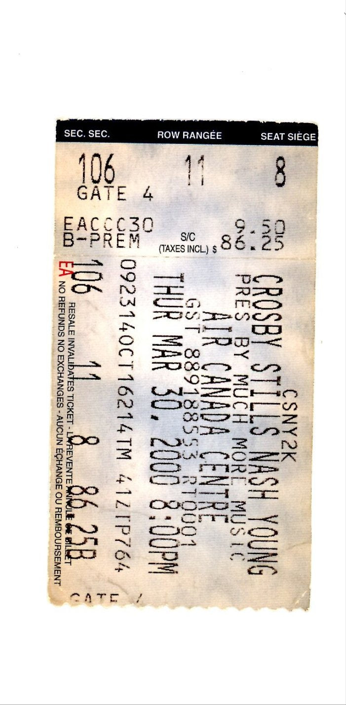 Original Crosby Still Nash Young Vintage Concert Ticket Stub Air Canada Centre (Toronto, 2000)