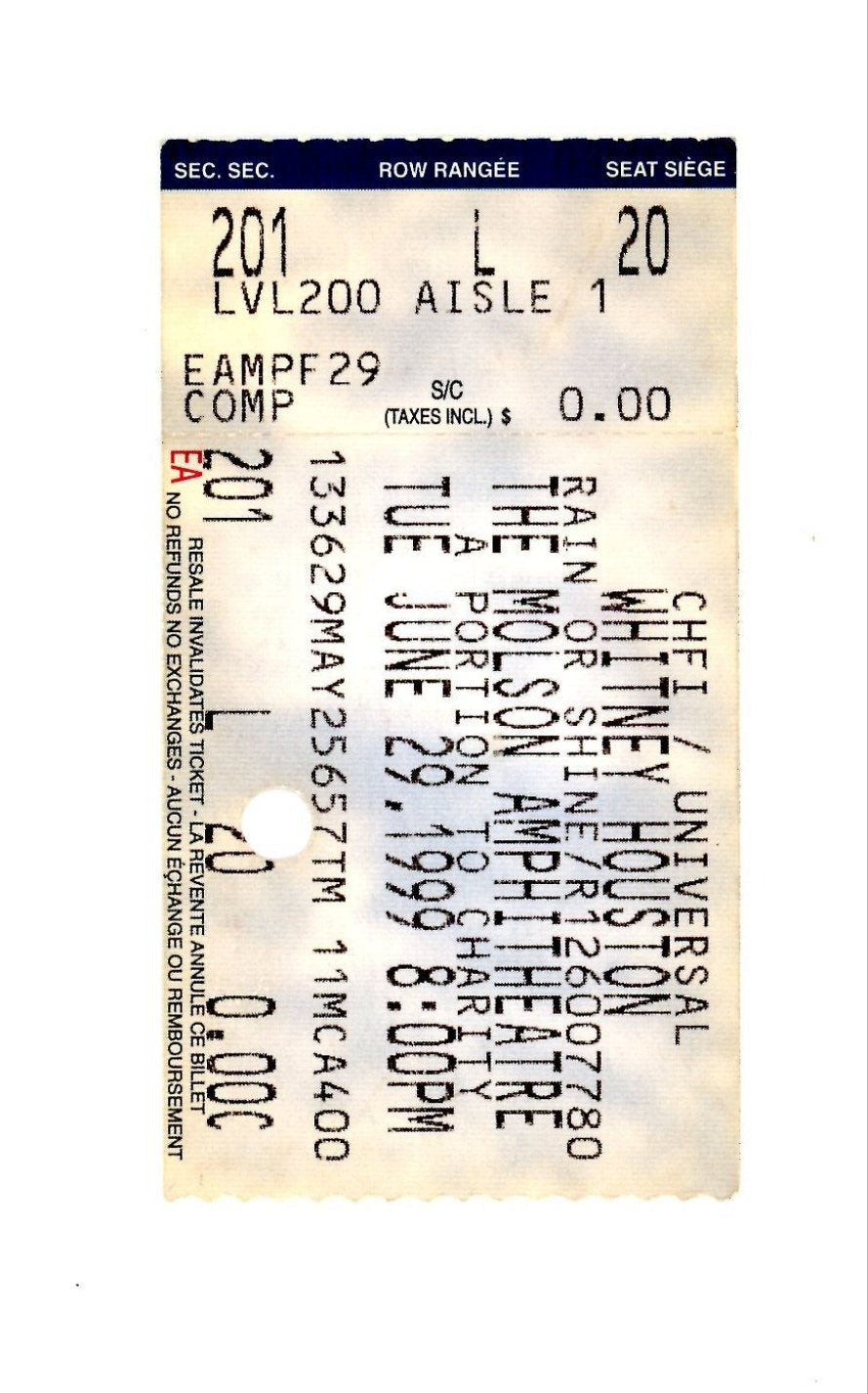 Original Whitney Houston Vintage Concert Ticket Stub Molson Amphitheatre (Toronto, 1999)