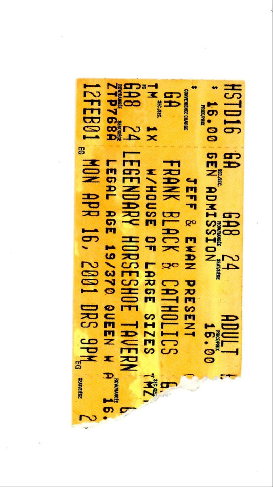 Original Frank Black & Catholics Vintage Concert Ticket Stub The Warehouse (Toronto, 2001)