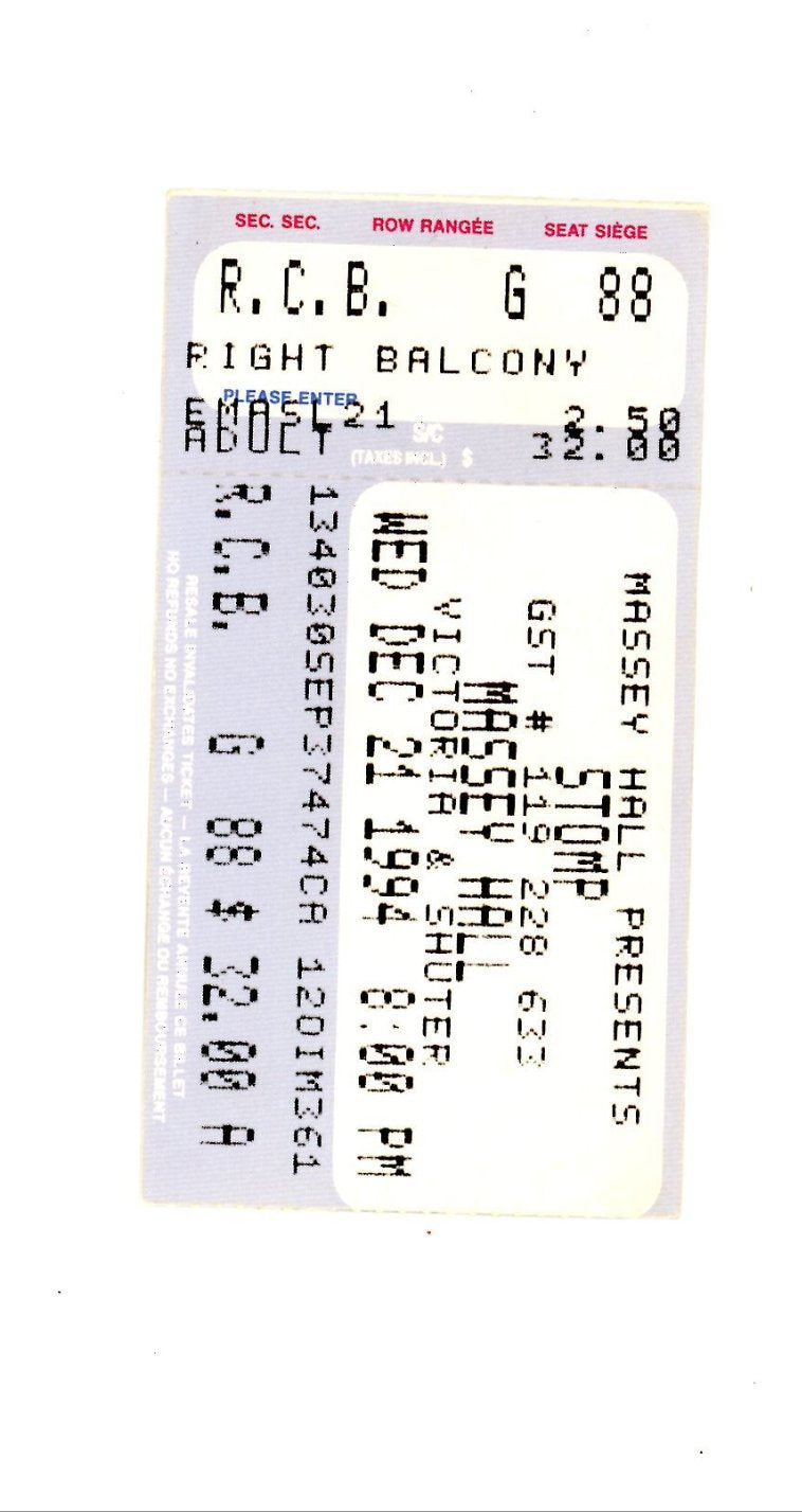 Original STOMP Vintage Concert Ticket Stub Massey Hall (Toronto, 1994)