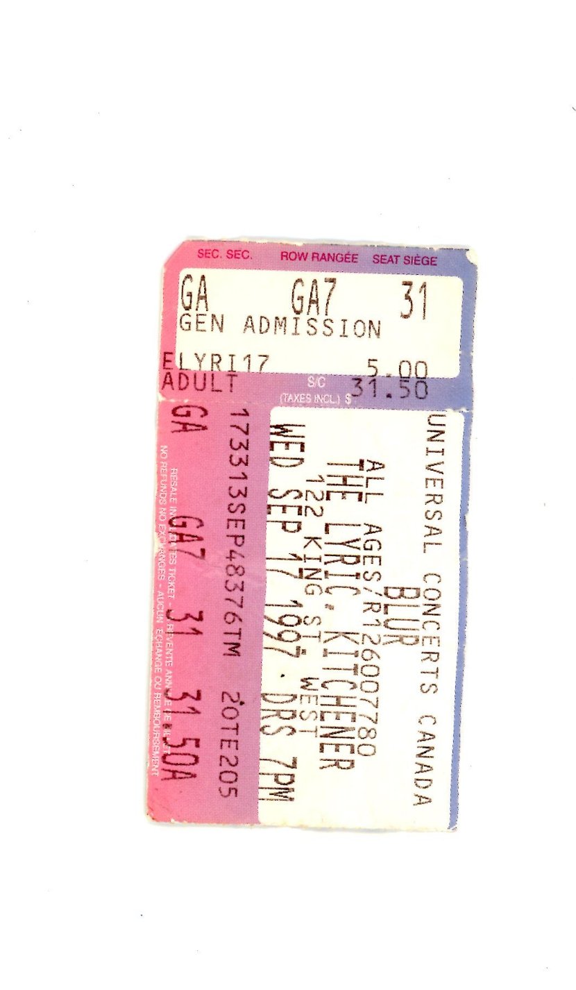Original BLUR Vintage Concert Ticket Stub The Lyric (Kitchener, 1997)