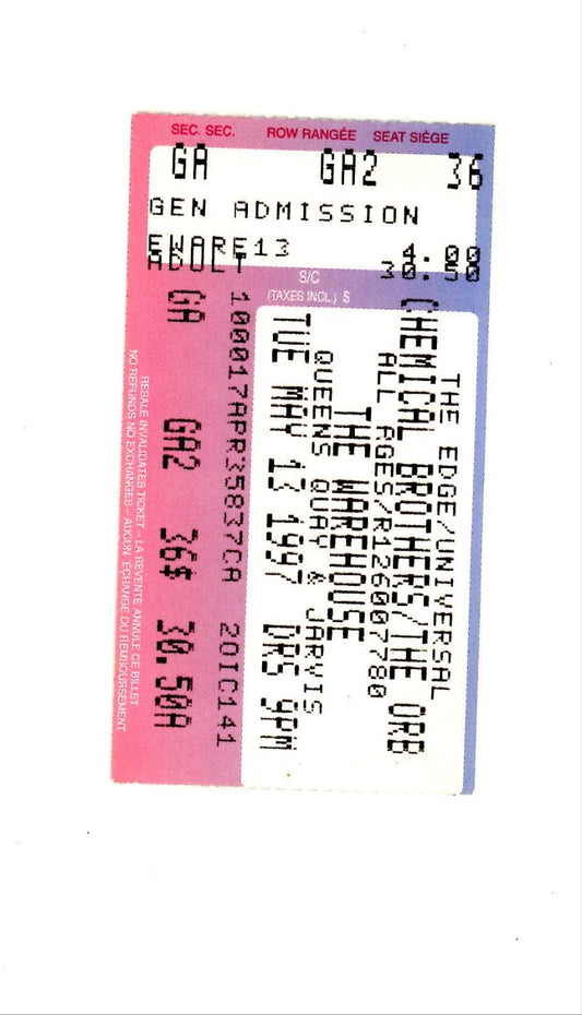 Original Chemical Brothers/The Orb Vintage Concert Ticket Stub Warehouse (Toronto, 1997)