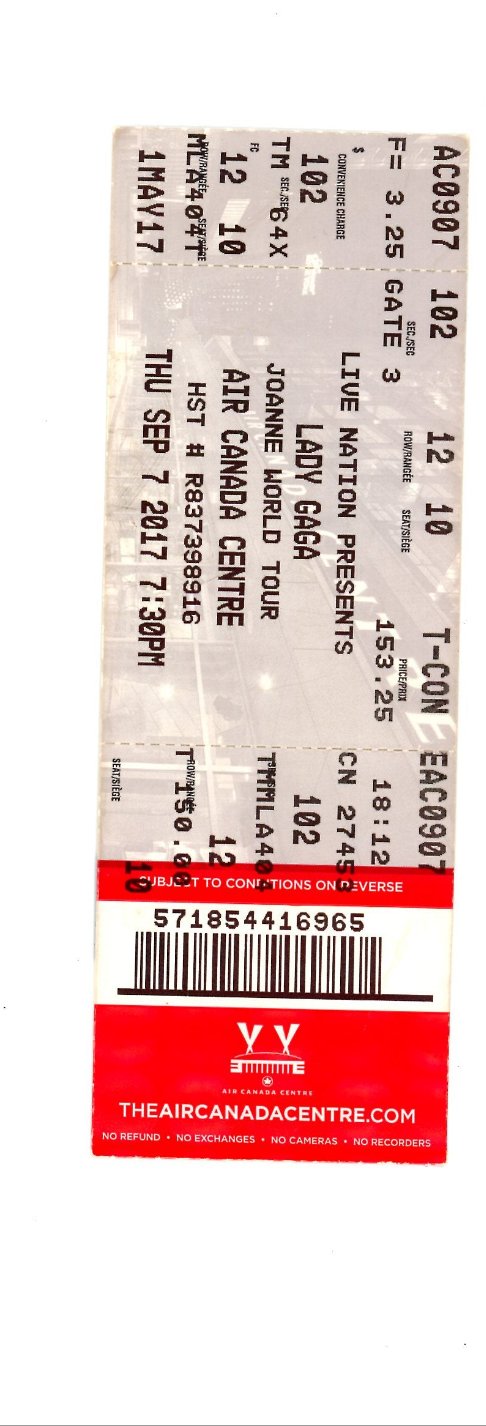 Original Lady Gaga Vintage Concert Ticket Stub Air Canada (Toronto, 2017)