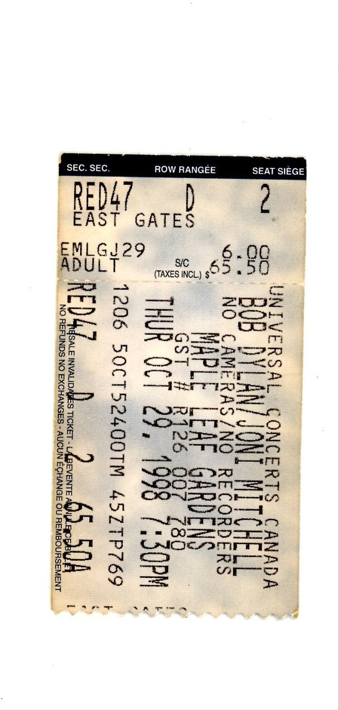 Original Bob Dylan & Joni Mitchell Vintage Concert Ticket Stub Maple Leaf Gardens (Toronto, 1998)
