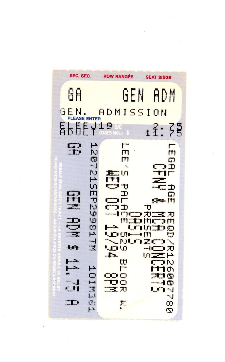 Original OASIS Vintage Concert Ticket Stub Lee's Palace (Toronto, 1994) Very Rare!