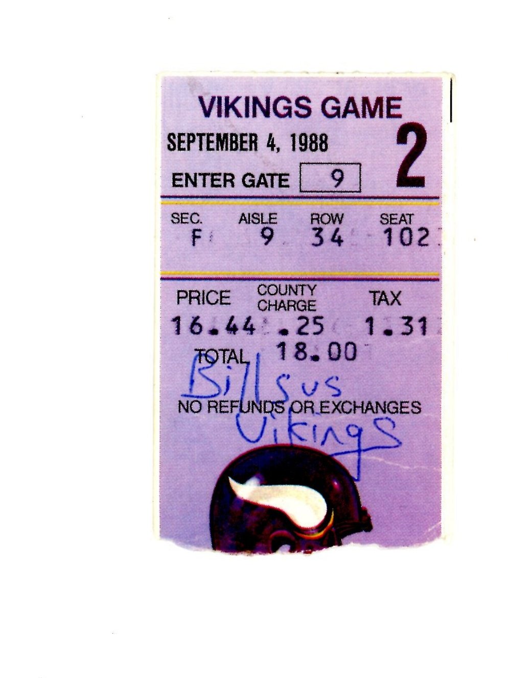 Buffalo Bills VS Minnesota Vikings Football Game Vintage Ticket Stub (Metrodome, 1988)