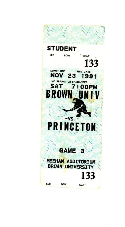 Browns University VS Princeton Ice Hockey Game Vintage Ticket Stub (Meehan Auditorium, 1988)