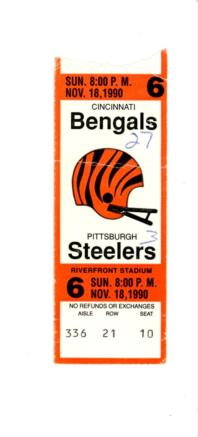 Pittsburgh Steelers VS Cincinnati Bangles Footballl Game Vintage Ticket Stub (Riverport Stadium, 1990)