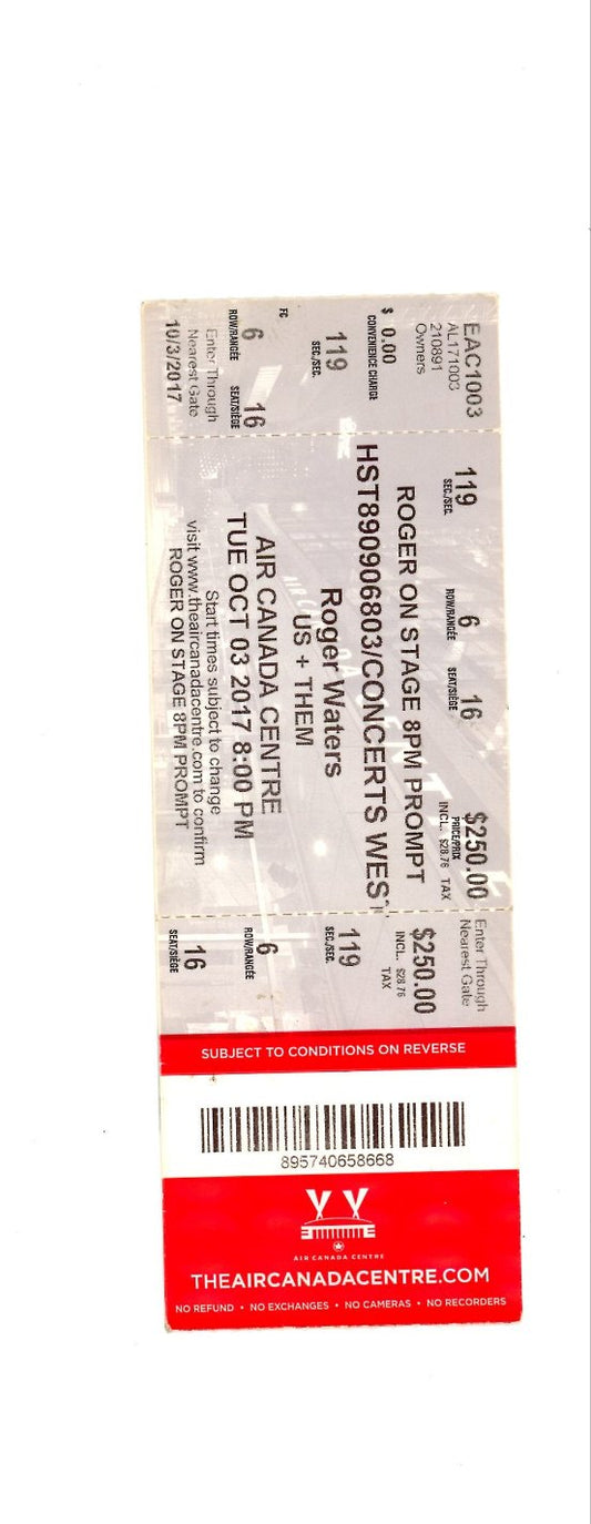 Roger Waters US + Them Concert Ticket Stub Molson Air Canada Centre (Toronto, 2017)