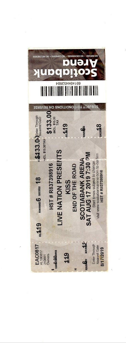 Original KISS End Of The Road Concert Ticket Stub Molson Scotiabank Arena (Toronto, 2017)