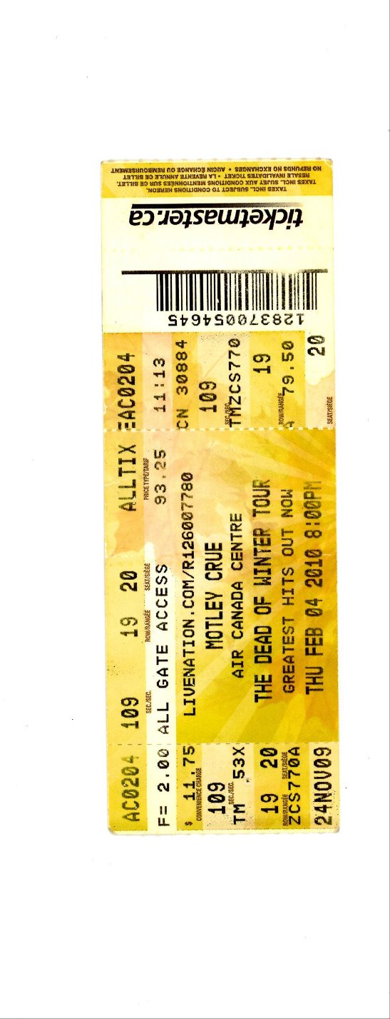 Original Motley Crue Dead Of Winter Concert Ticket Stub Molson Air Canada (Toronto, 2010)